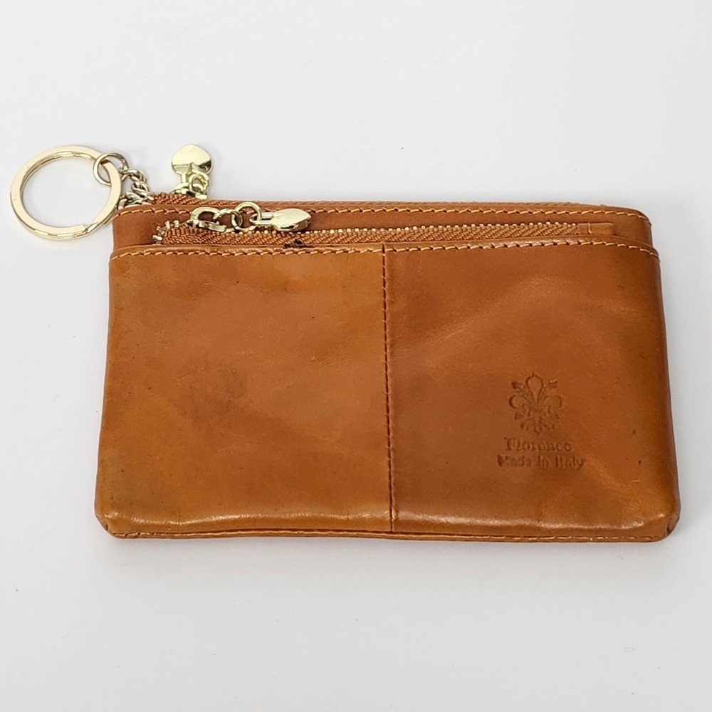 Florentine Leather Coin Purse Key Ring Pouch Florence Made in Italy Cognac Brown